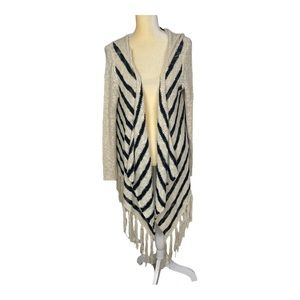 Altar’d State Navy Cream Cardigan Sweater Fringe Hood Size Small‎